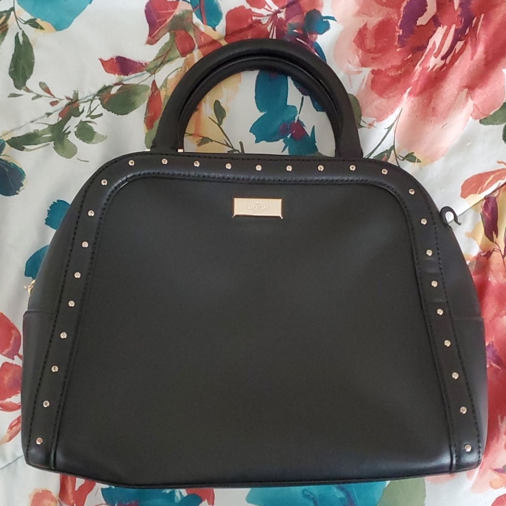 Black leather satchel with gold metal hardware